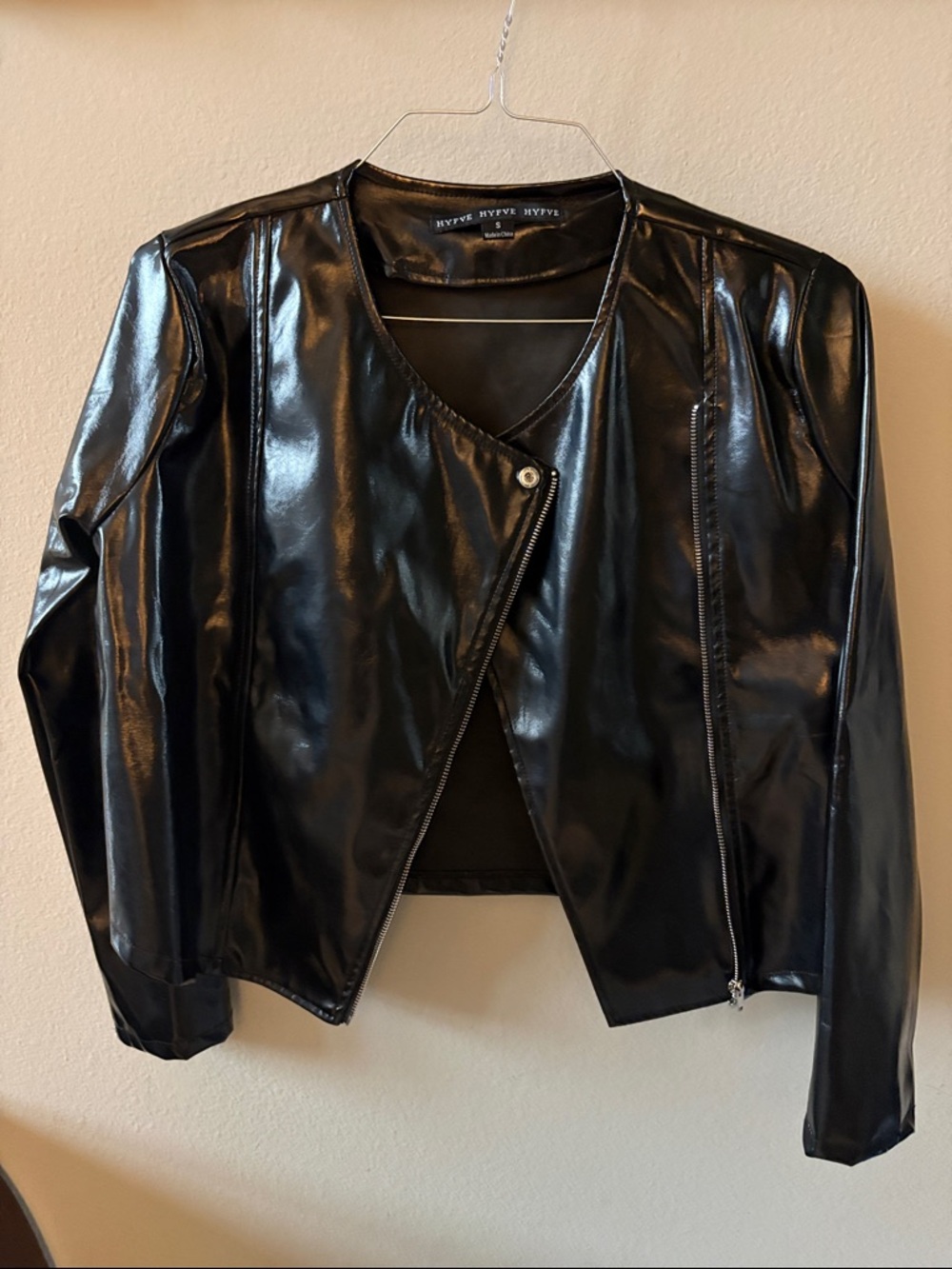 HYFVE Glossy Black Faux Leather Asymmetrical Moto Jacket